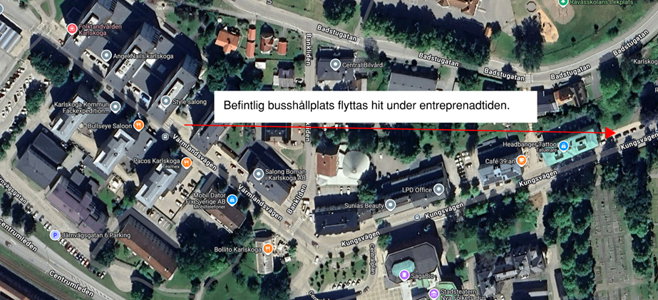 Kartbild med bussh&aring;llplatser utmarkerade