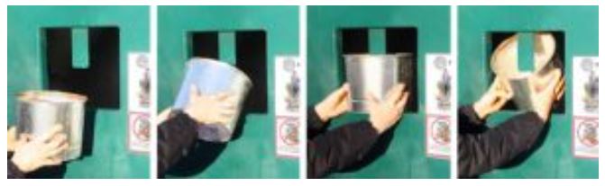 Instruktion hur man vinklar en burk för att få in i återvinningscontainer