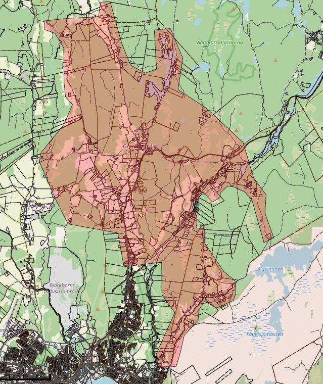 Området Granbergsdal/Utterbäck som omfattas av erbjudandet om bredbandsanslutning